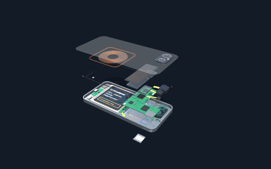 A smartphone in 3D: it turns, comes apart layer by layer, then its battery overheats